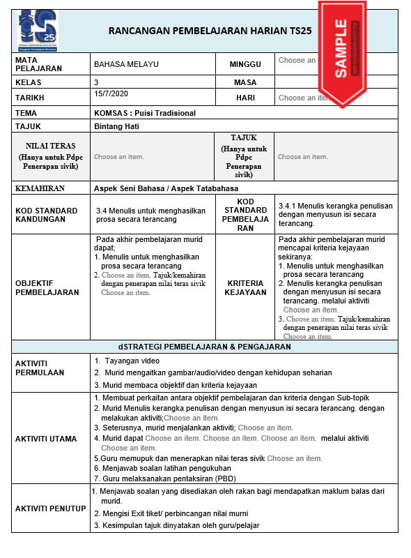 RPH BAHASA MELAYU TINGKATAN 3 TS25 Cikgu Info