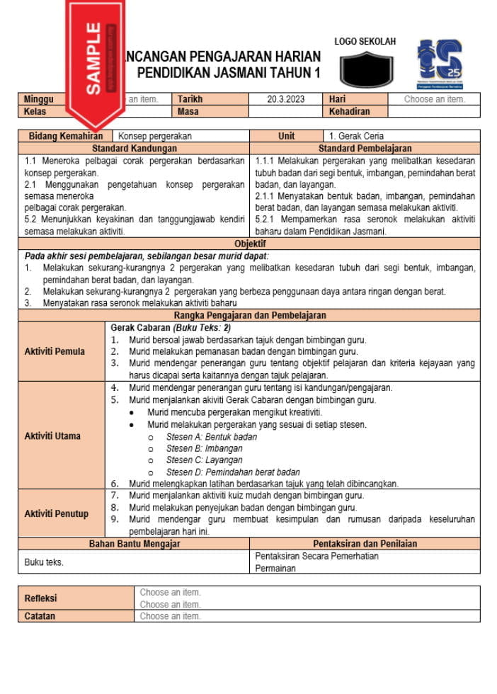 RPH DAN RPT 2023 PENDIDIKAN JASMANI TAHUN 1 Cikgu Info