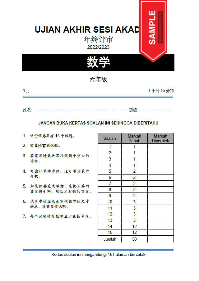 1 Set Kertas Ujian Akhir Sesi Akademik Uasa Matematik Tahun 6 Sjkc