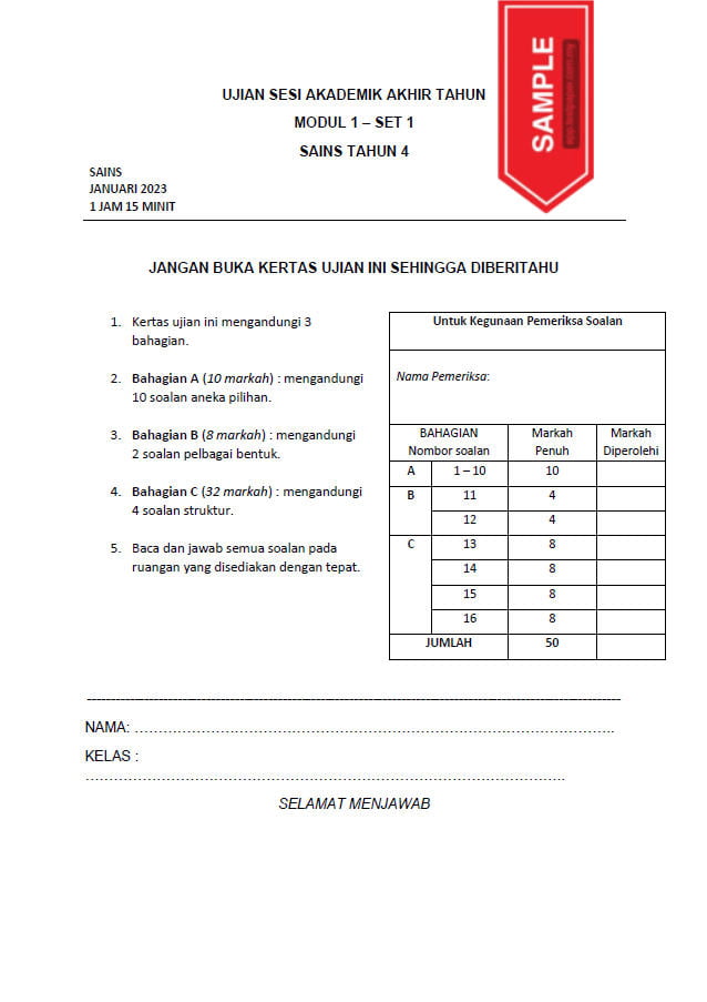 1 SET KERTAS UJIAN AKHIR SESI AKADEMIK (UASA) SAINS TAHUN 4 - Cikgu.Info