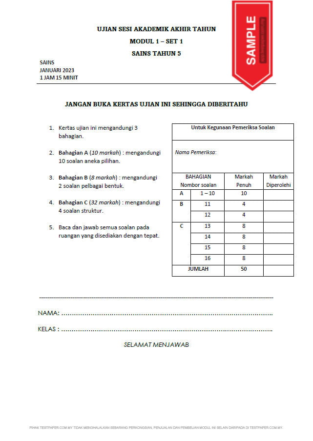 1 SET KERTAS UJIAN AKHIR SESI AKADEMIK (UASA) SAINS TAHUN 5 - Cikgu.Info