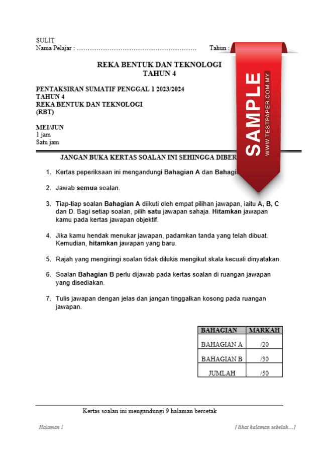 2 SET KERTAS PENTAKSIRAN SUMATIF REKA BENTUK DAN TEKNOLOGI (RBT) TAHUN ...