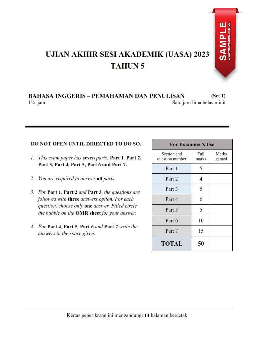 3 SET KERTAS UJIAN AKHIR SESI AKADEMIK BAHASA INGGERIS TAHUN 5 (UASA ...