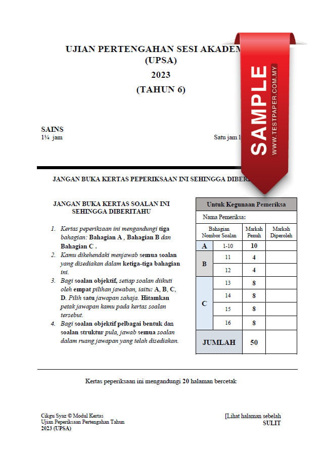 3 Set Kertas Ujian Pertengahan Sesi Akademik Sains Tahun 6 Upsa Sesi