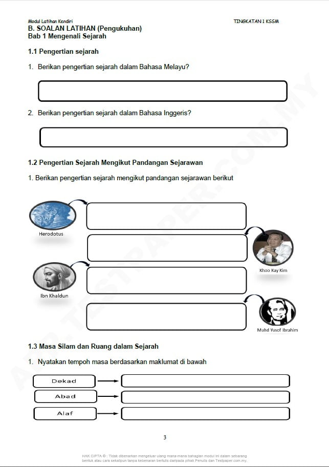 MODUL LATIHAN KENDIRI TOPIKAL SEJARAH TINGKATAN 1 KSSM TERKINI - Cikgu.Info