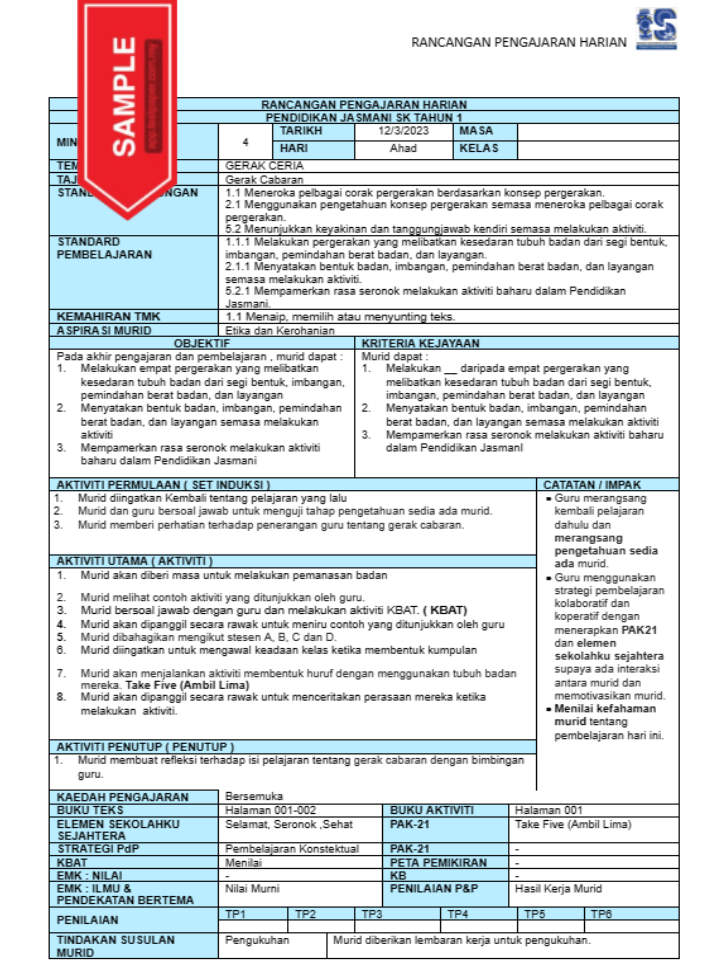 RPH DAN RPT 2023 - PENDIDIKAN JASMANI TAHUN 1 - Cikgu.Info