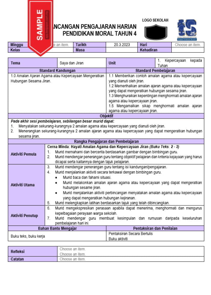 RPH DAN RPT 2023 - PENDIDIKAN MORAL TAHUN 4 - Cikgu.Info