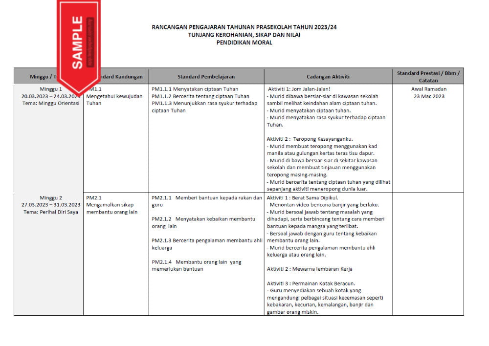 RPT PRASEKOLAH 2023 - PENDIDIKAN MORAL (KUMPULAN B) - Cikgu.Info