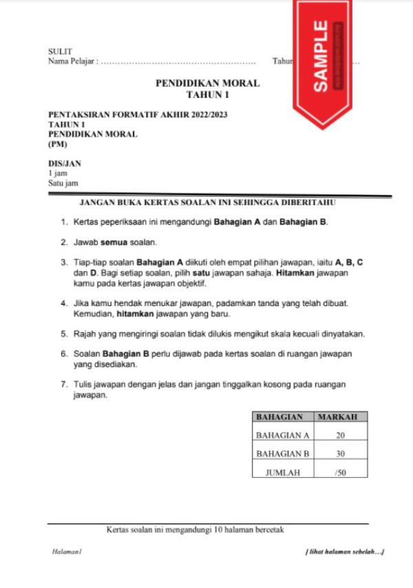 1 Set Modul Pentaksiran Formatif Akhir 20222023 Pendidikan Moral Tahun 1 Percuma Rpm Bonus 